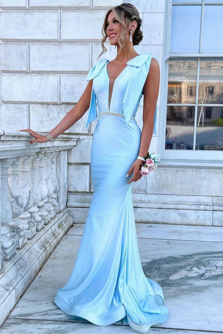 Vestido de fiesta largo de sirena con escote en V profundo y espalda descubierta